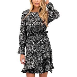 Women's Dress Polka Dot Print Long Sleeve Crewneck Ruffle Hem Short Dress Small
